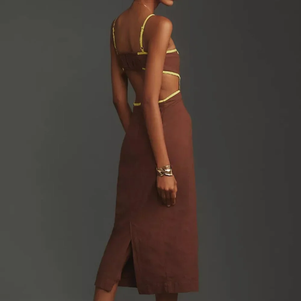 🏷 *NWT* ✨ Maeve by Anthropologie Brown & Chartreuse Midi Dress – Chic & Unique! - Picture 2 of 12